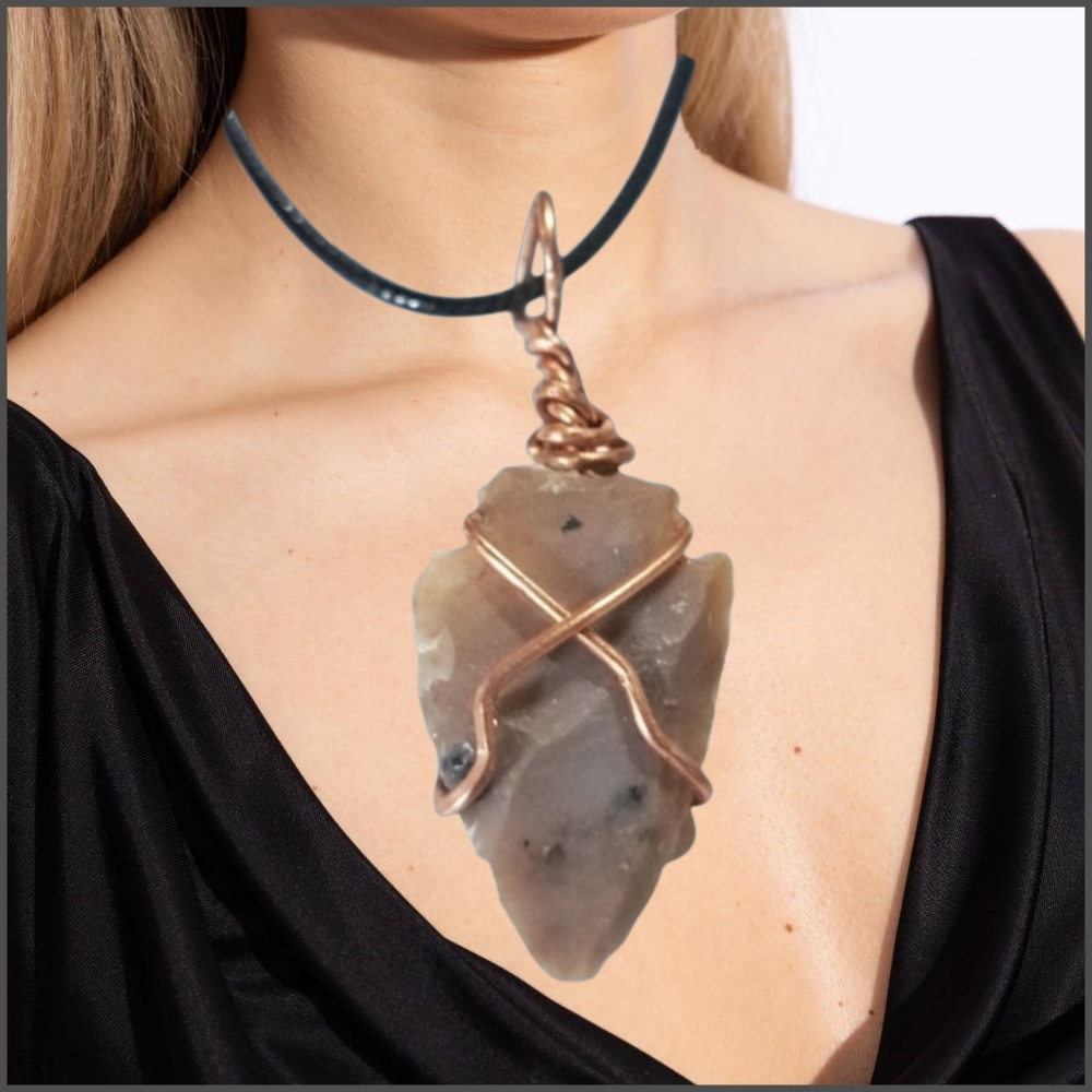 Handwired Brown Arrowhead Stone Pendant with Black Cord Necklace